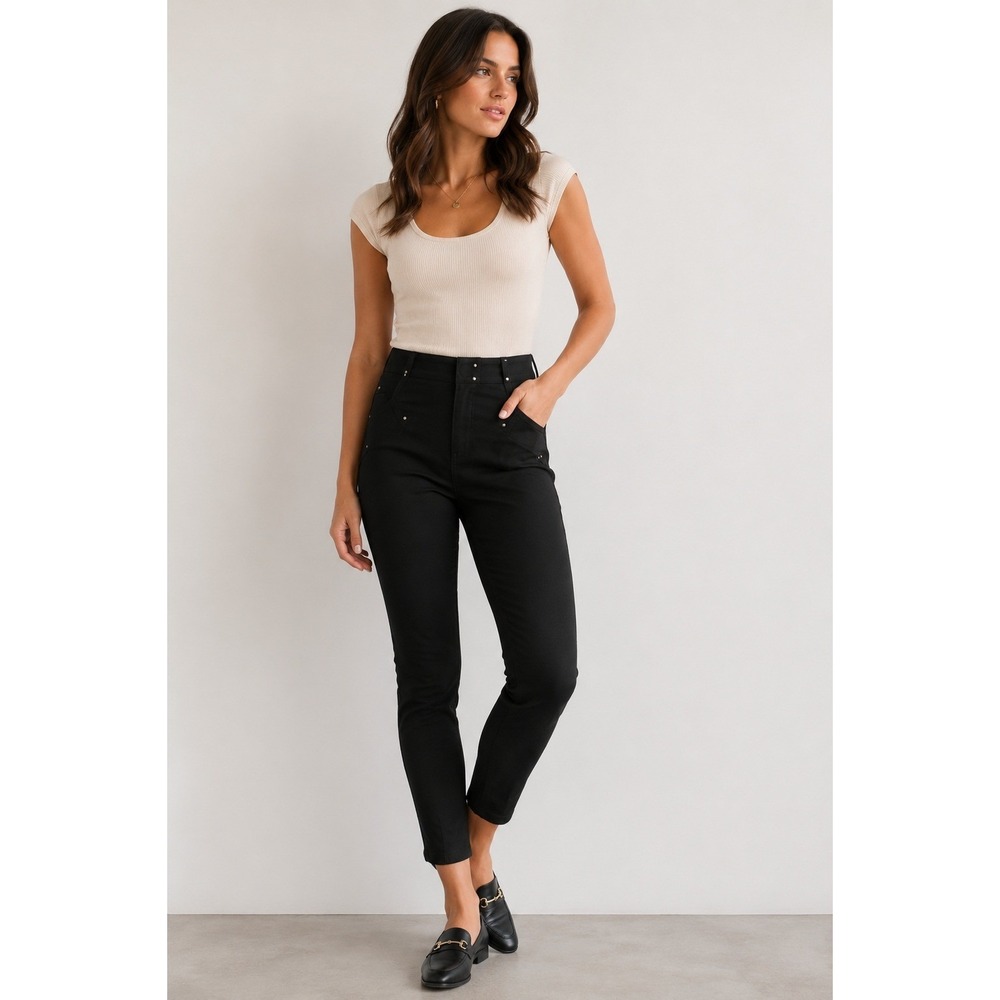 Esteban Cortazar Black High Waisted Skinny Trousers Gold Studs Ankle Zip 34 US 2